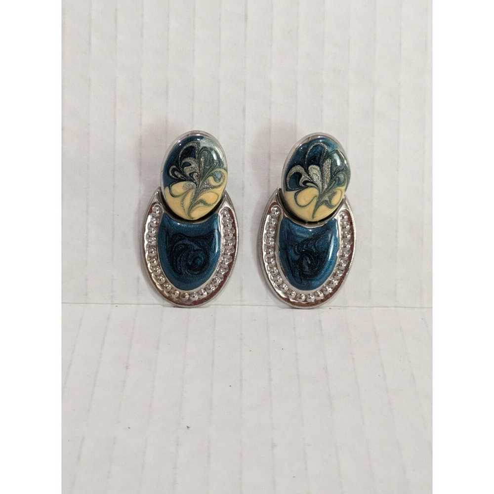 Vintage Enamel Dangle Earrings Silver Tone - image 3