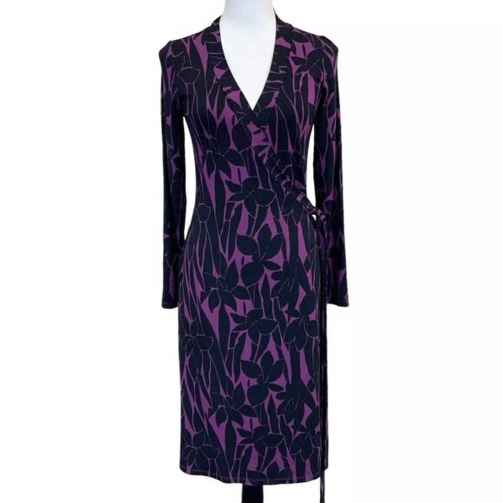 Boden Purple Black Bamboo Floral Long Sleeve Wrap… - image 1