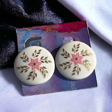 white floral disc clip on earrings vintage - image 1