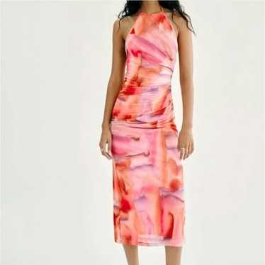 Zara Tulle Halter Pink Tie Dye Midi Dress Size M … - image 1