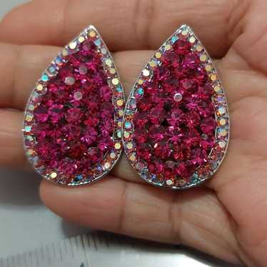 Fuchsia Pink AB Crystals Teardrop Earrings Clip O… - image 1