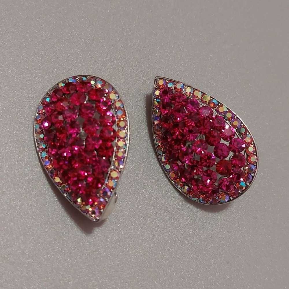 Fuchsia Pink AB Crystals Teardrop Earrings Clip O… - image 2