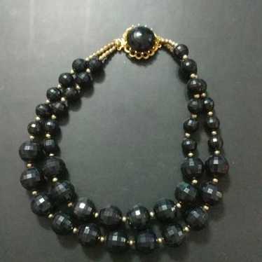 Vintage Gold Tone Black Faceted Bead Multi Strand… - image 1