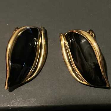 Monet Vintage Gold-Tone & Black Enamel Clip-On Ea… - image 1