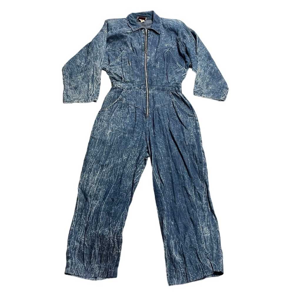 VTG 80s FADS Acid Wash Jumpsuit Zip Front Denim P… - image 2