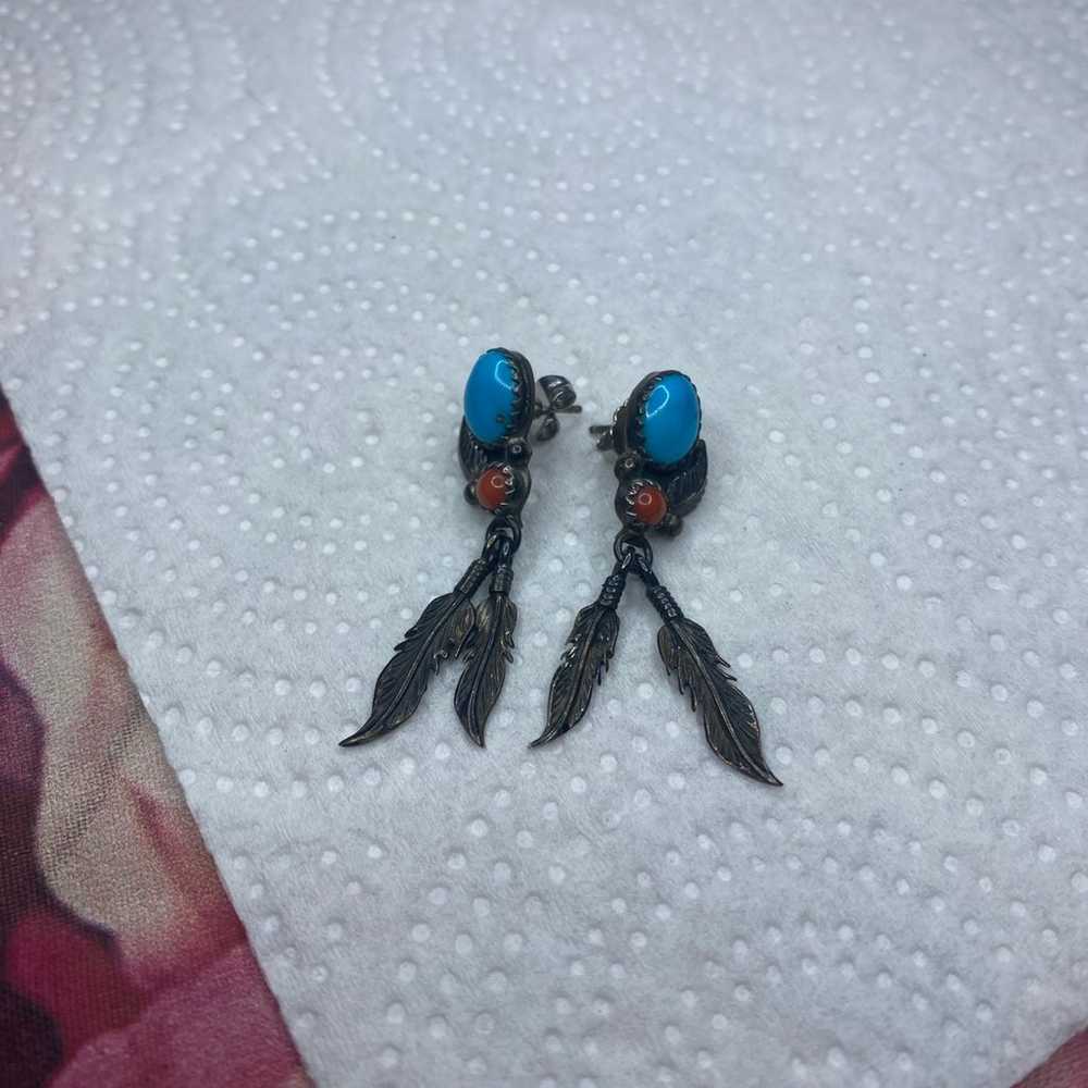 Vintage 925 turquoise coral feather earrings - image 1