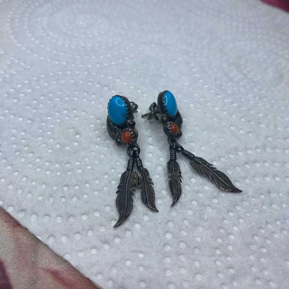 Vintage 925 turquoise coral feather earrings - image 2