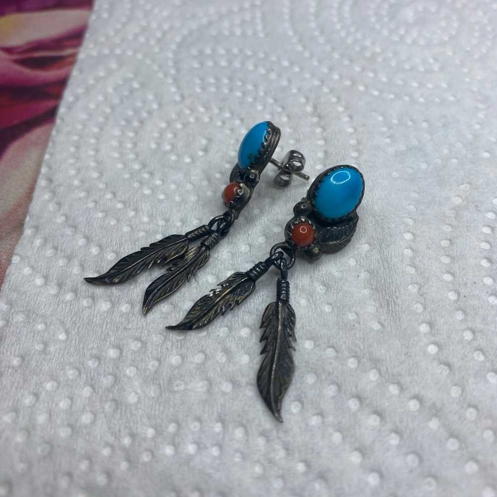 Vintage 925 turquoise coral feather earrings - image 3