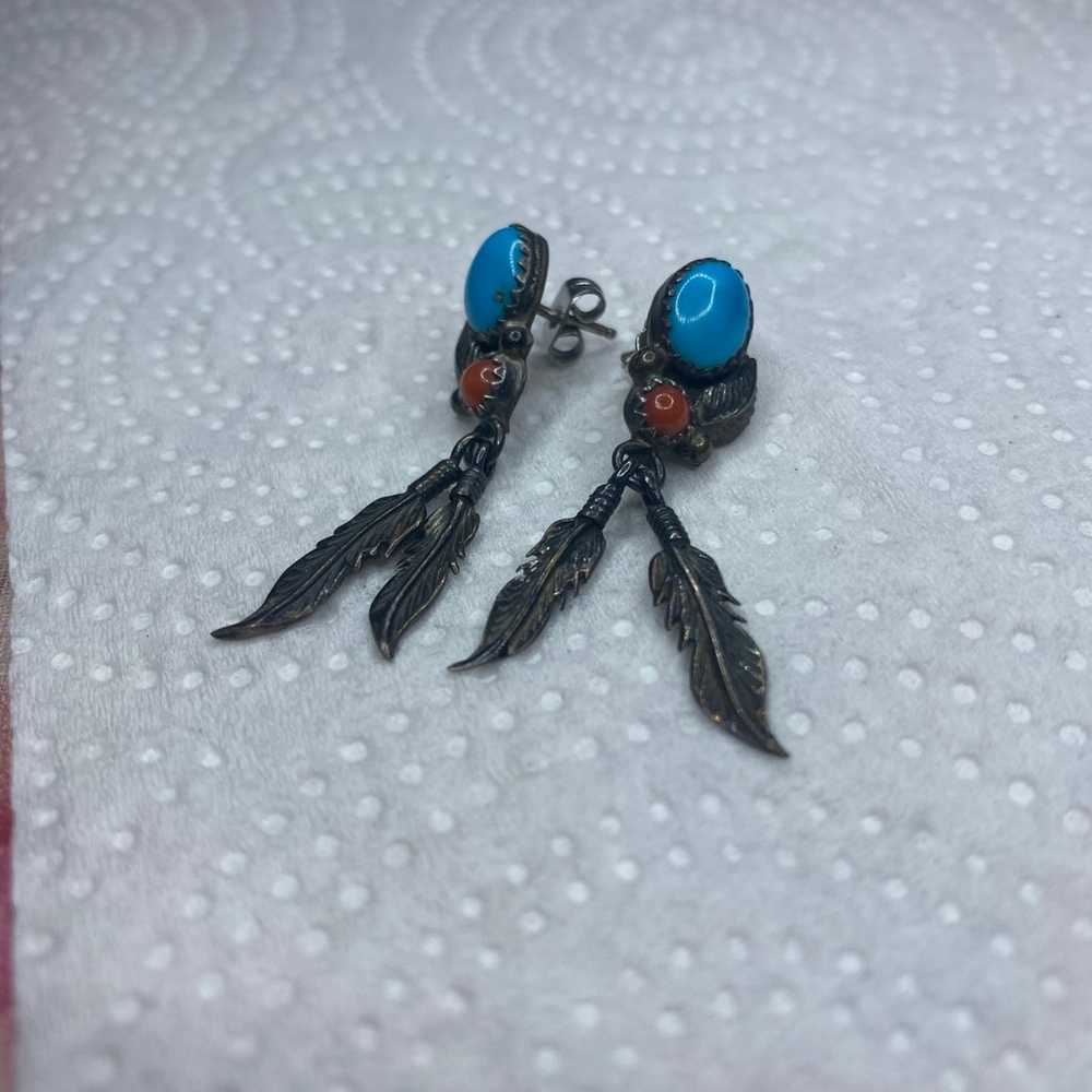 Vintage 925 turquoise coral feather earrings - image 4