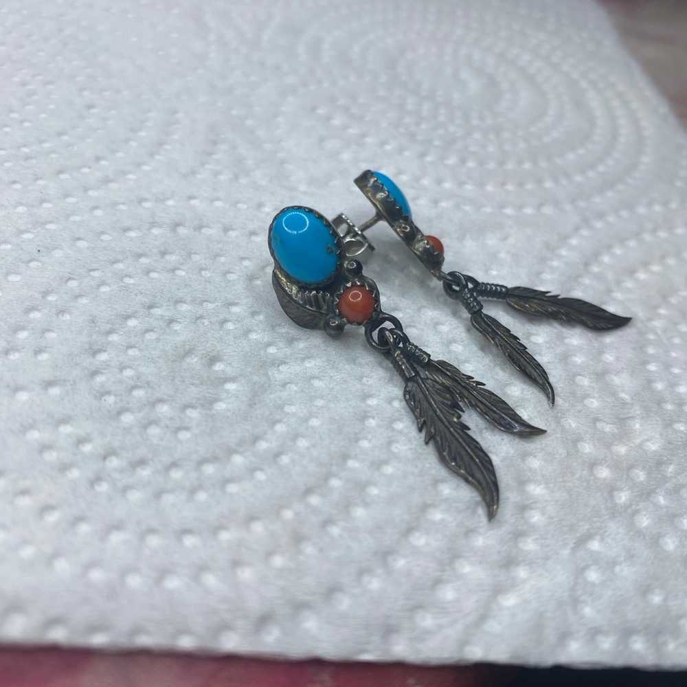 Vintage 925 turquoise coral feather earrings - image 5