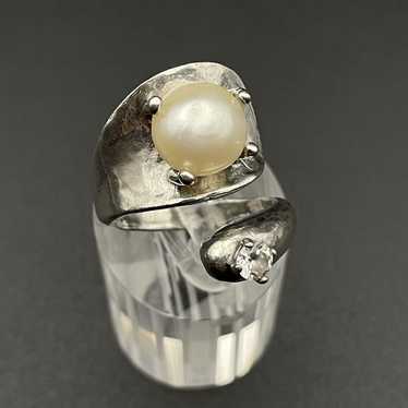 Sterling Pearl Crystal Adjustable Bypass Ring Abs… - image 1