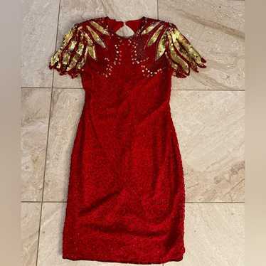 Scala Silk Beaded Sequins Dress Womens Red Gold s… - image 1