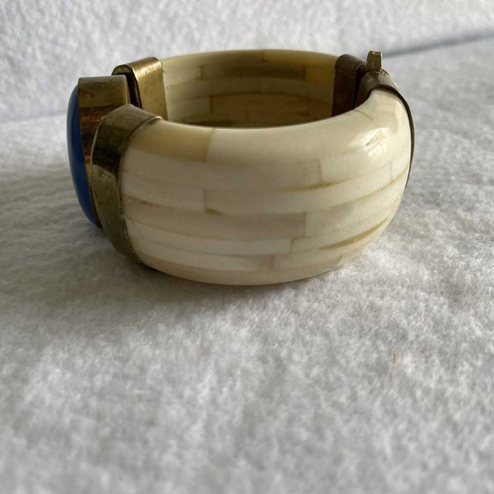 Blue Agate Bracelet Tribal Bangle Bone Hinged Cuf… - image 10