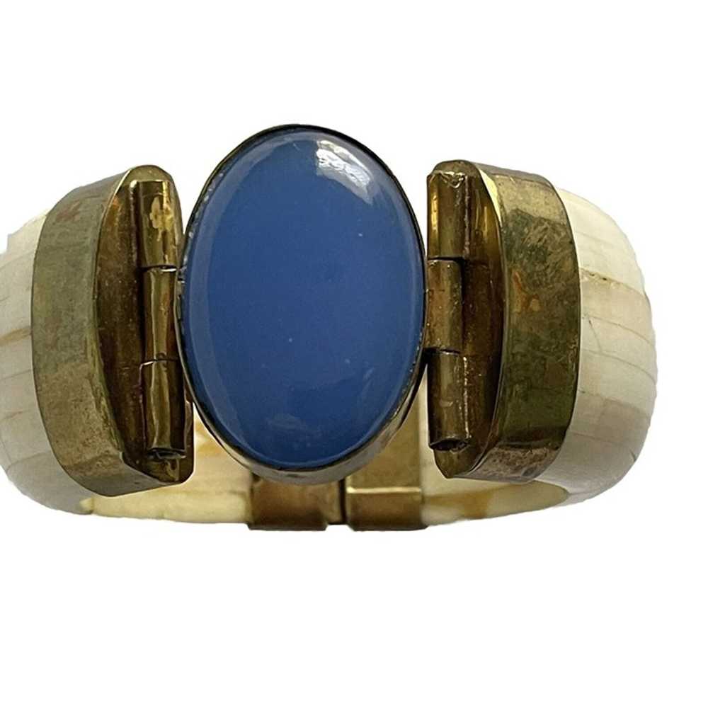 Blue Agate Bracelet Tribal Bangle Bone Hinged Cuf… - image 1