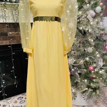 Vintage 1960s -70s Yellow Long Dress with Green S… - image 1