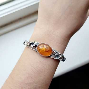 Vintage Ornate Silver Amber Bracelet - image 1