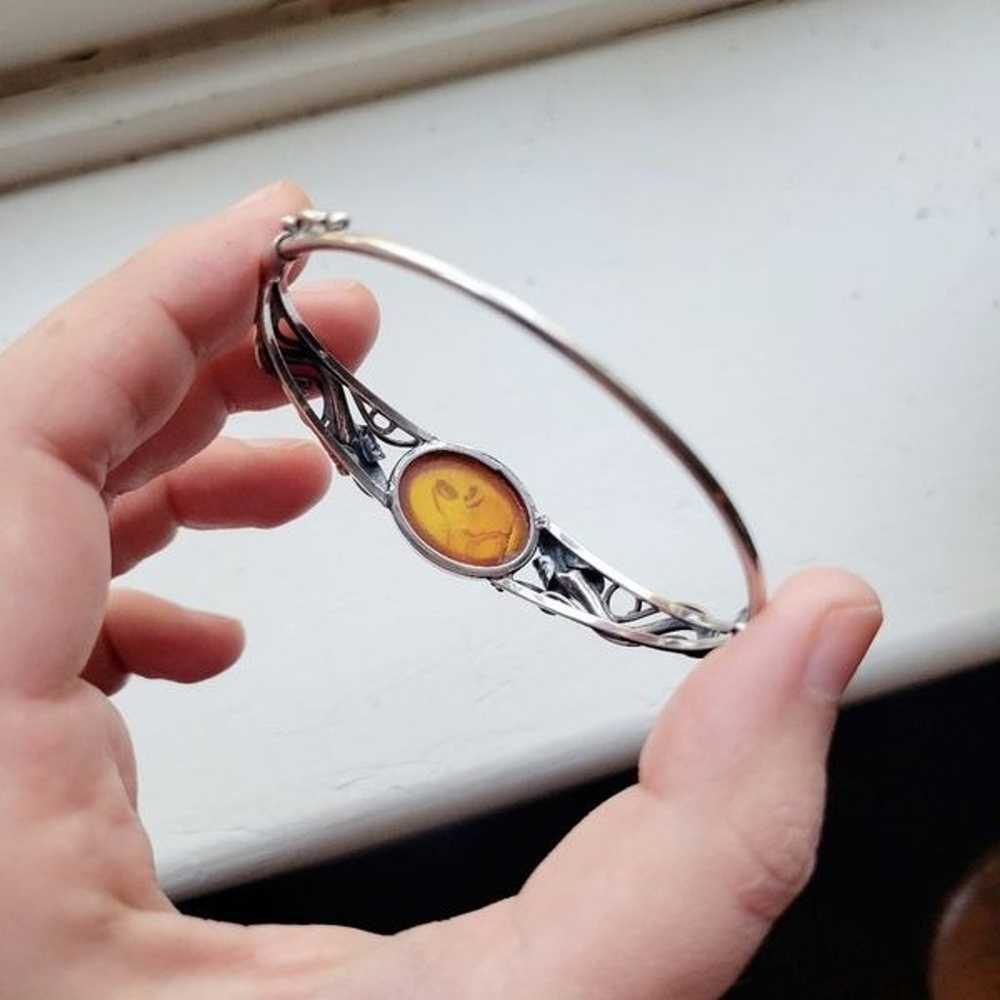 Vintage Ornate Silver Amber Bracelet - image 5