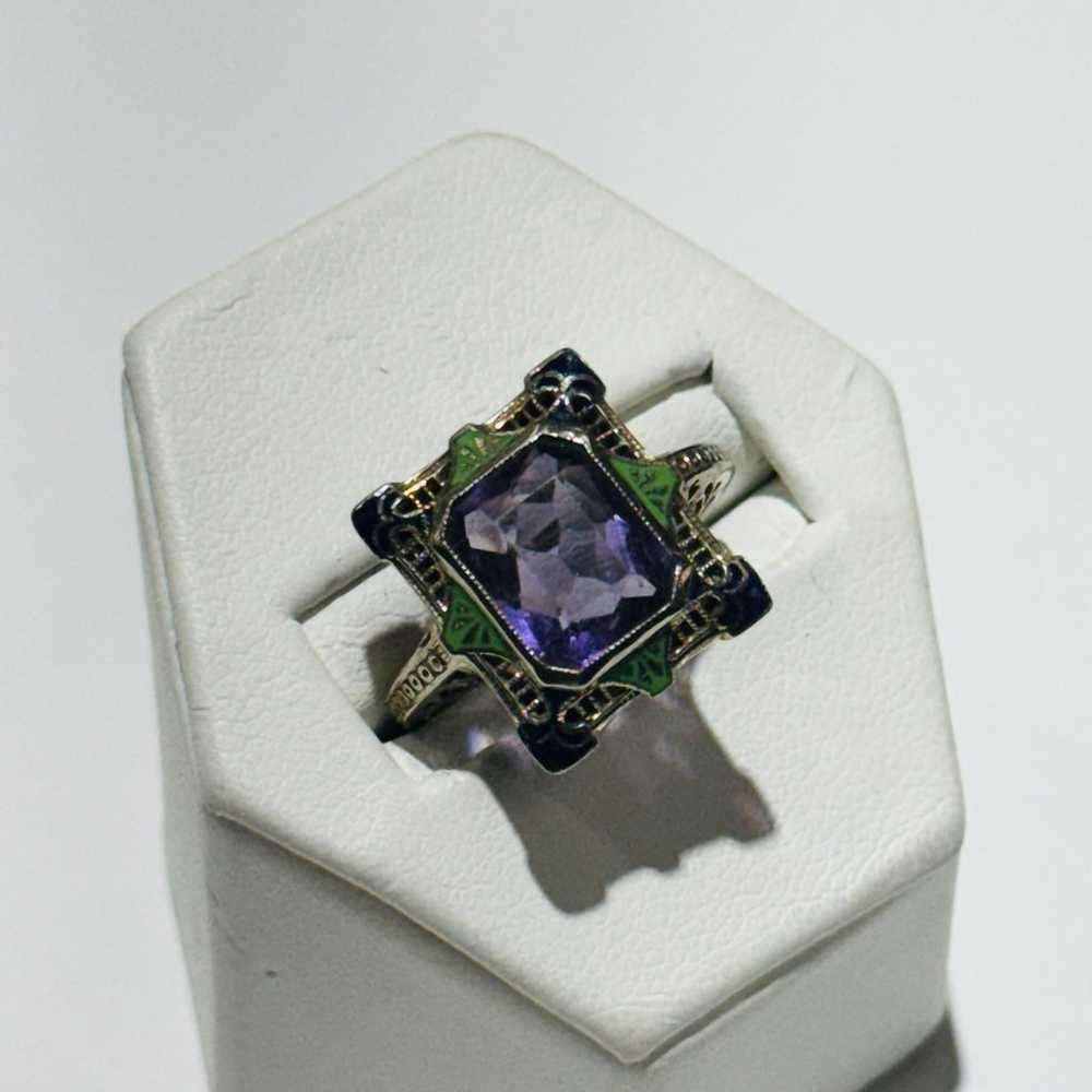 Amethyst with enamel vintage ring 14k - image 1