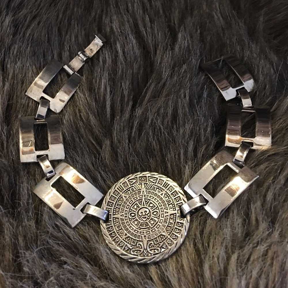 Vintage Mexican Silver Aztec chunky link bracelet - image 5