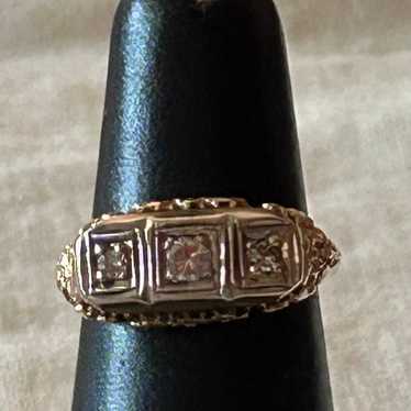 ART DECO 14k YELLOW GOLD FILIGREE MOUNTING 3 DIAM… - image 1