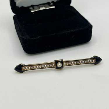 Vintage Edwardian 14K Yellow Gold Enamel Pearl Bro