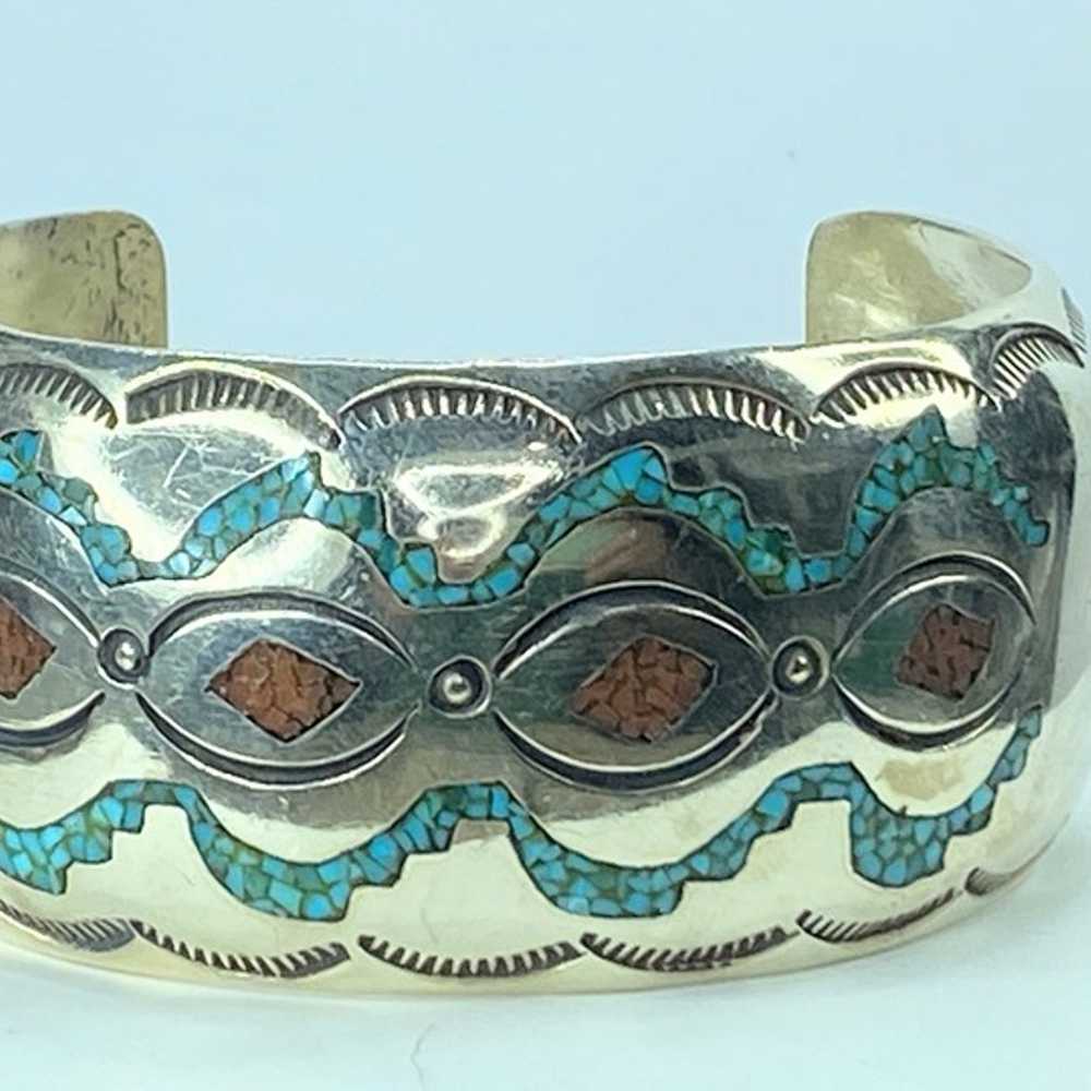 Wide, solid, vintage Navajo turquoise and coral c… - image 1