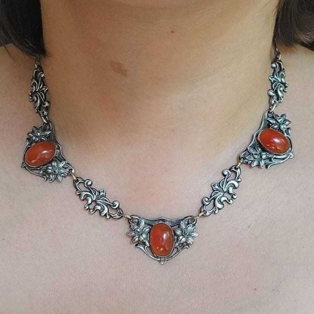 Antique Art Nouveau Carnelian Ornate 925 Sterling… - image 1