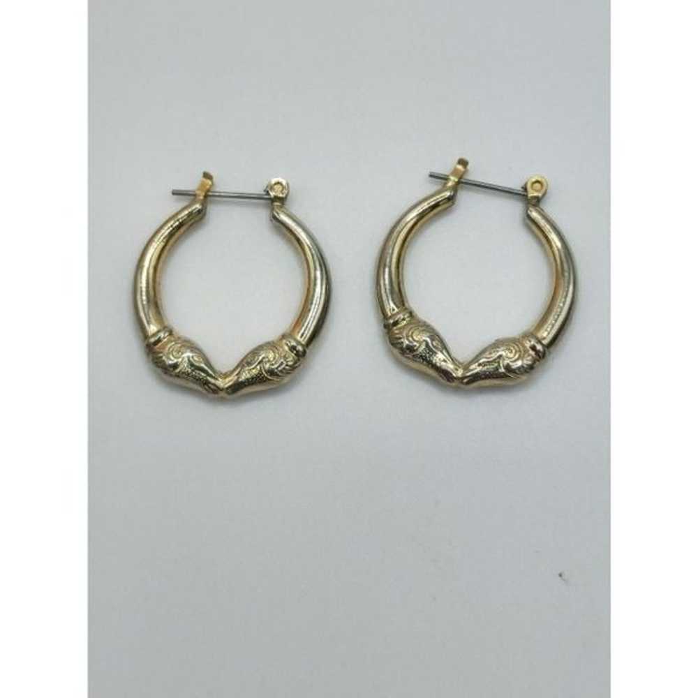 Vintage 14kt gold double rams heads hoop earrings - image 2