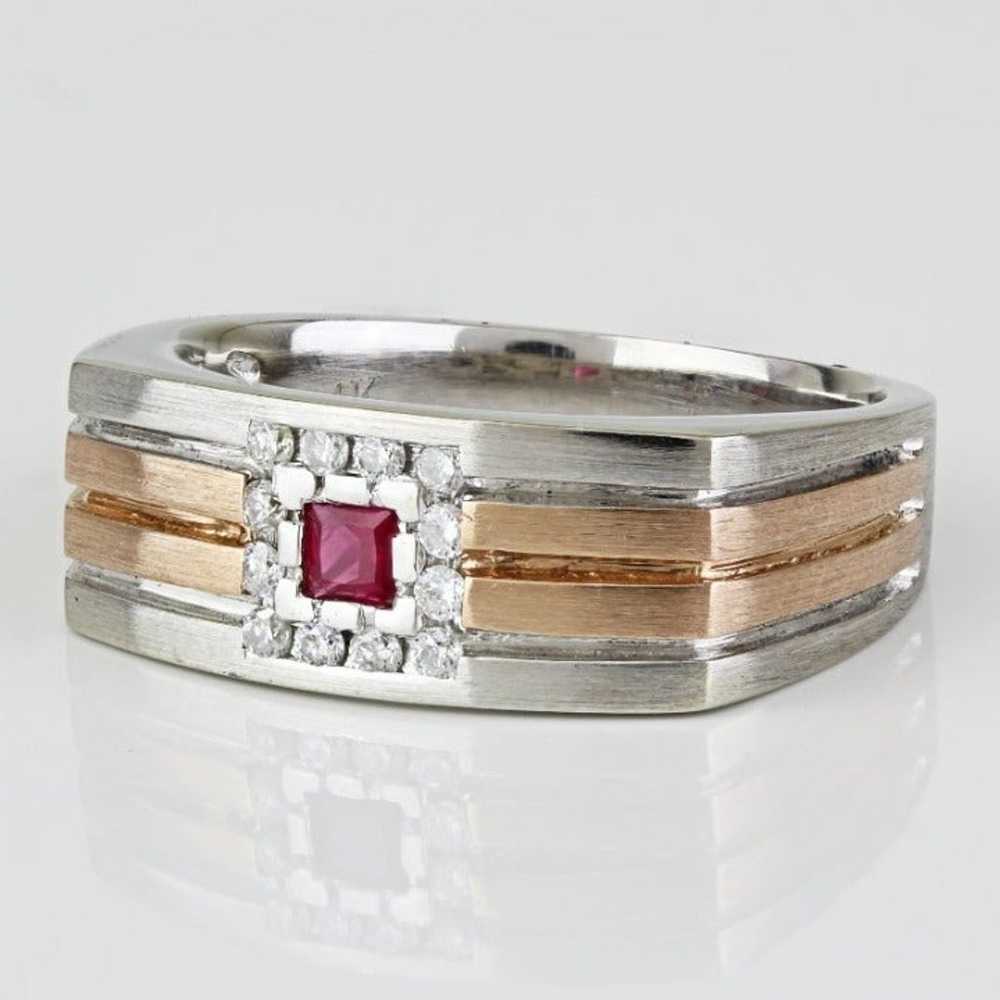 Vintage 14k White + Rose Gold Ruby & Diamond Anni… - image 3