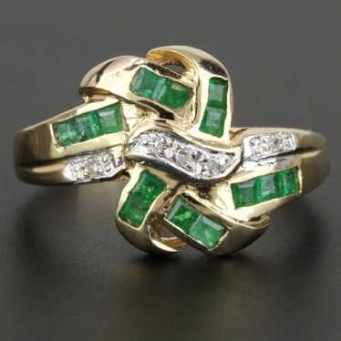 Vintage 14k Yellow Gold Ribbon Emerald and Diamon… - image 1