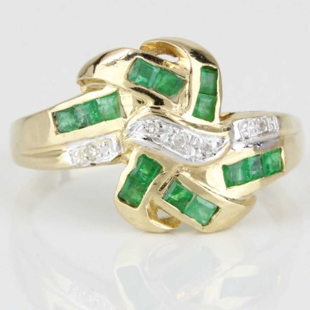 Vintage 14k Yellow Gold Ribbon Emerald and Diamon… - image 2