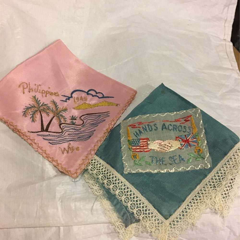 2 Vtg 1945 Blue Lace & Pink Hankerchiefs - image 1