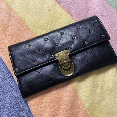 Black Quilted Studded TriFold Leather Wallet