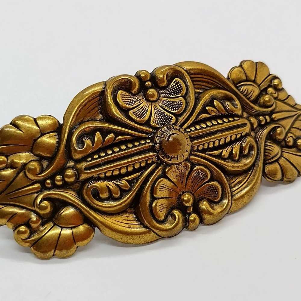 Vintage hair barrette antique gold plate brass st… - image 2