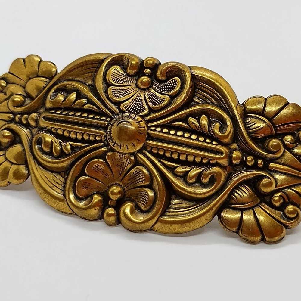 Vintage hair barrette antique gold plate brass st… - image 3