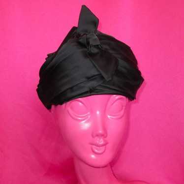 1950s vintage boho glam black satin turban hat bow - image 1