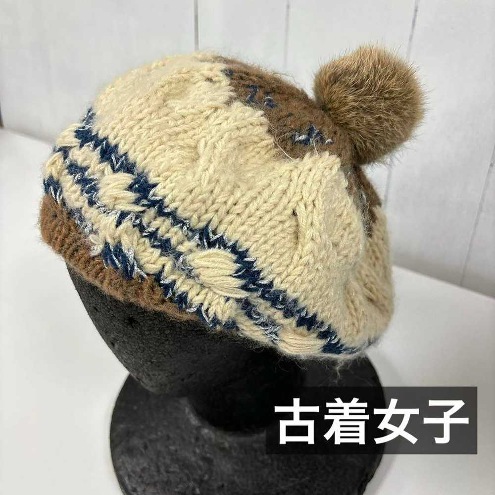 Vintage girl Pom Pom Cream and Brown Knit Beret H… - image 1