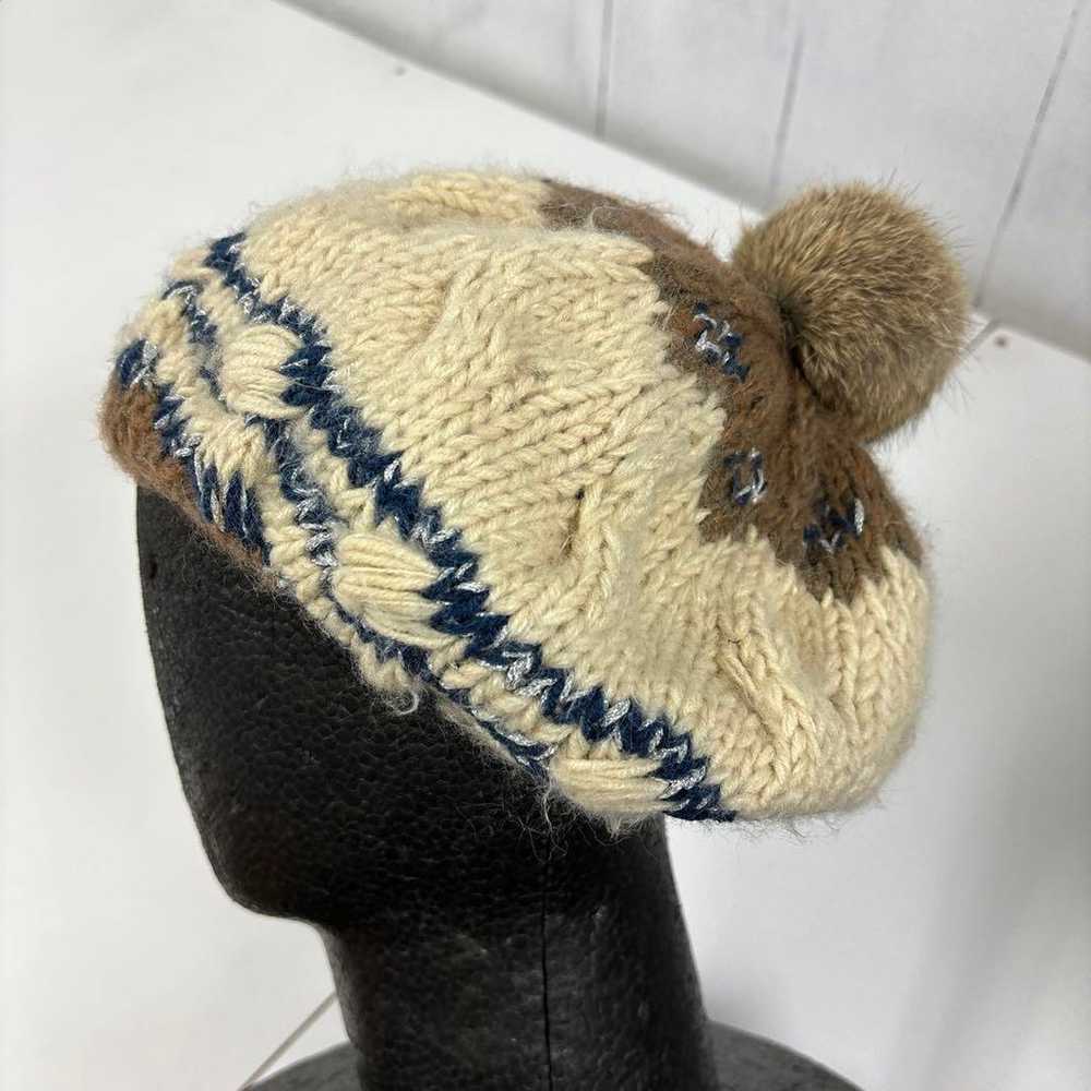 Vintage girl Pom Pom Cream and Brown Knit Beret H… - image 2