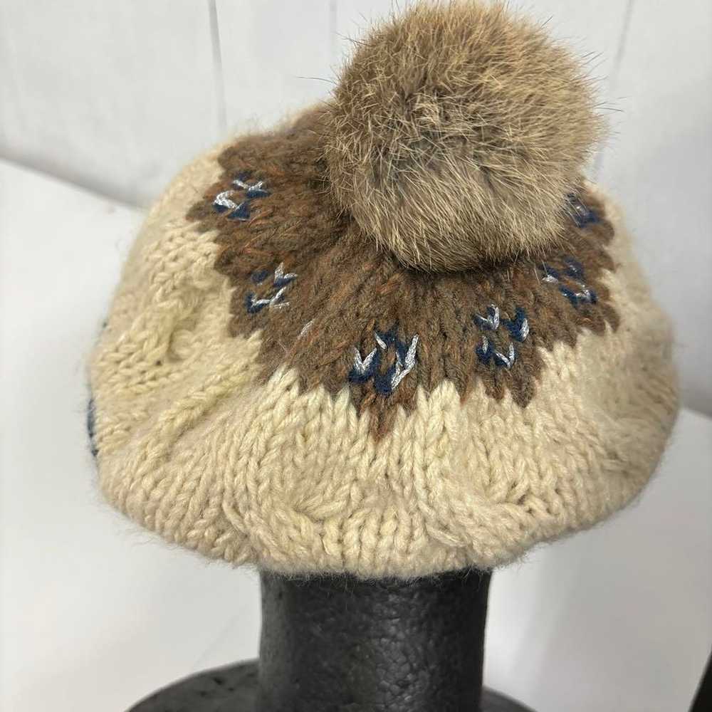 Vintage girl Pom Pom Cream and Brown Knit Beret H… - image 3