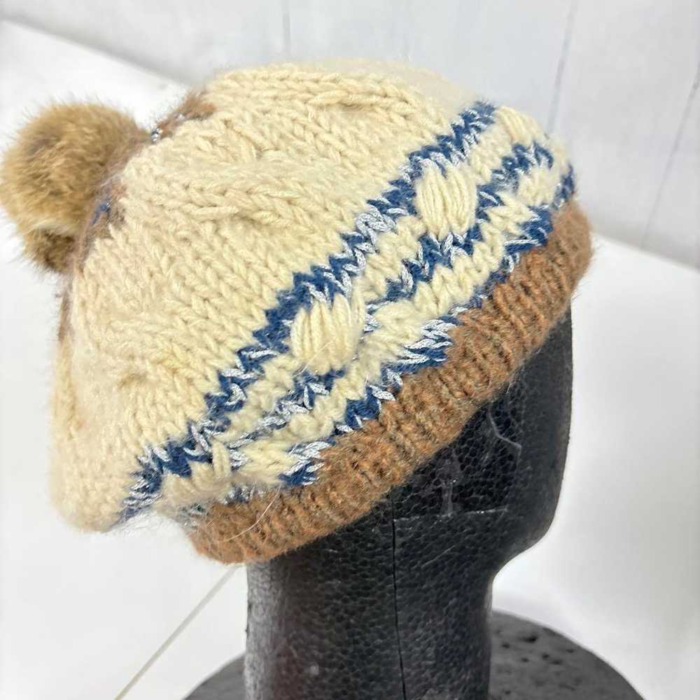 Vintage girl Pom Pom Cream and Brown Knit Beret H… - image 4