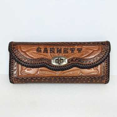 Handtooled Leather Clutch Wristlet Stamped Garnet… - image 1