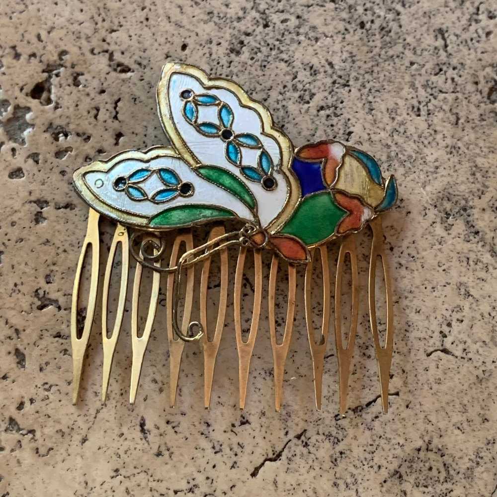 Vintage 90s China Cloisonné Enamel Butterfly Gold… - image 2