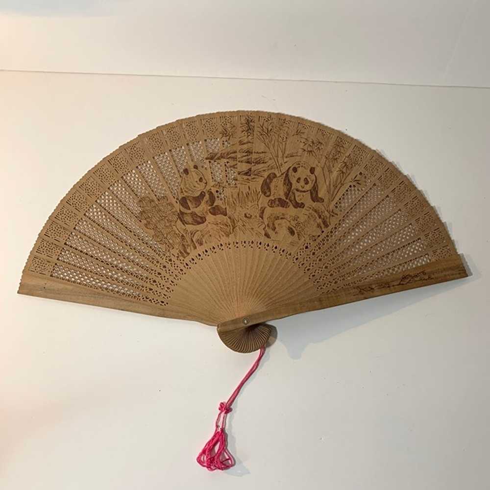 Vintage Chinese Wood Folding Hand Fan Wooden Carv… - image 1