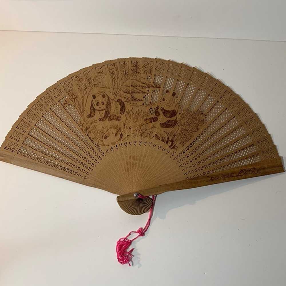 Vintage Chinese Wood Folding Hand Fan Wooden Carv… - image 2