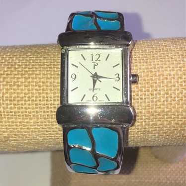 Vintage Blue Enamel & Silver Tone Boho Cuff Watch… - image 1