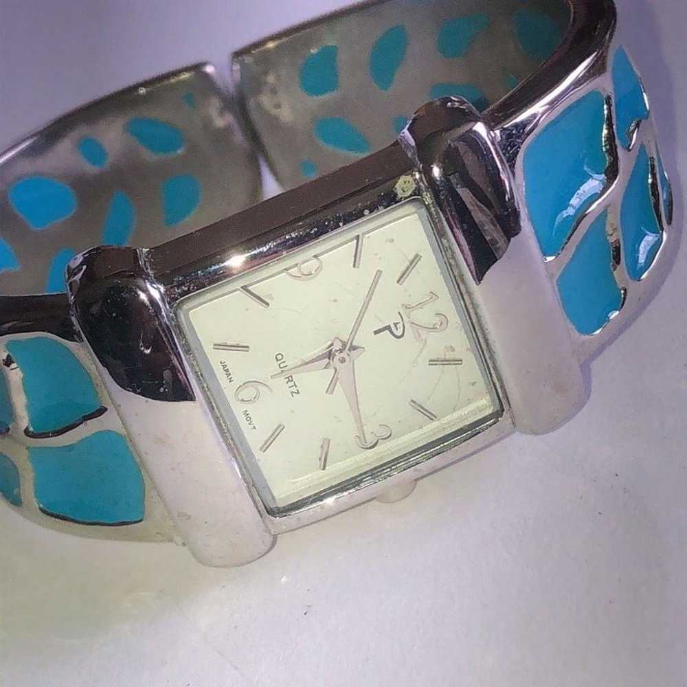 Vintage Blue Enamel & Silver Tone Boho Cuff Watch… - image 5