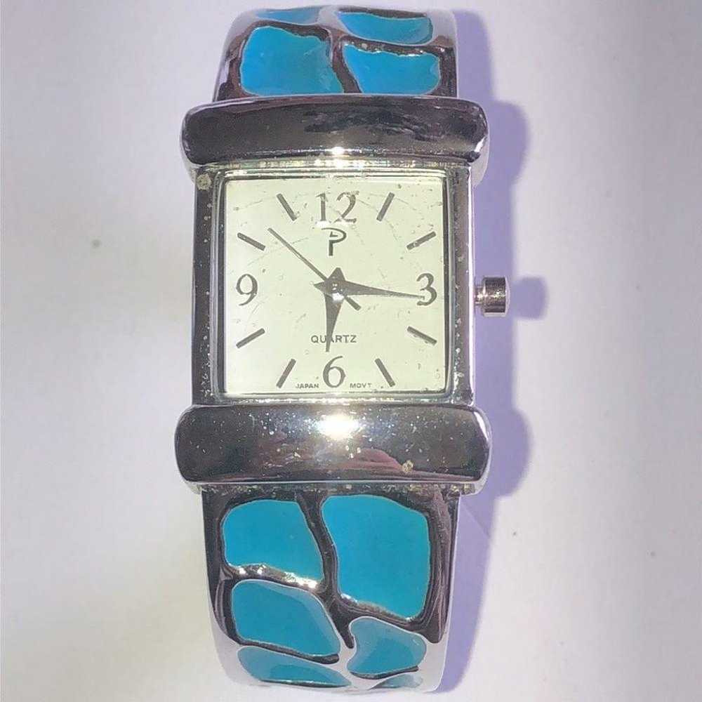 Vintage Blue Enamel & Silver Tone Boho Cuff Watch… - image 6