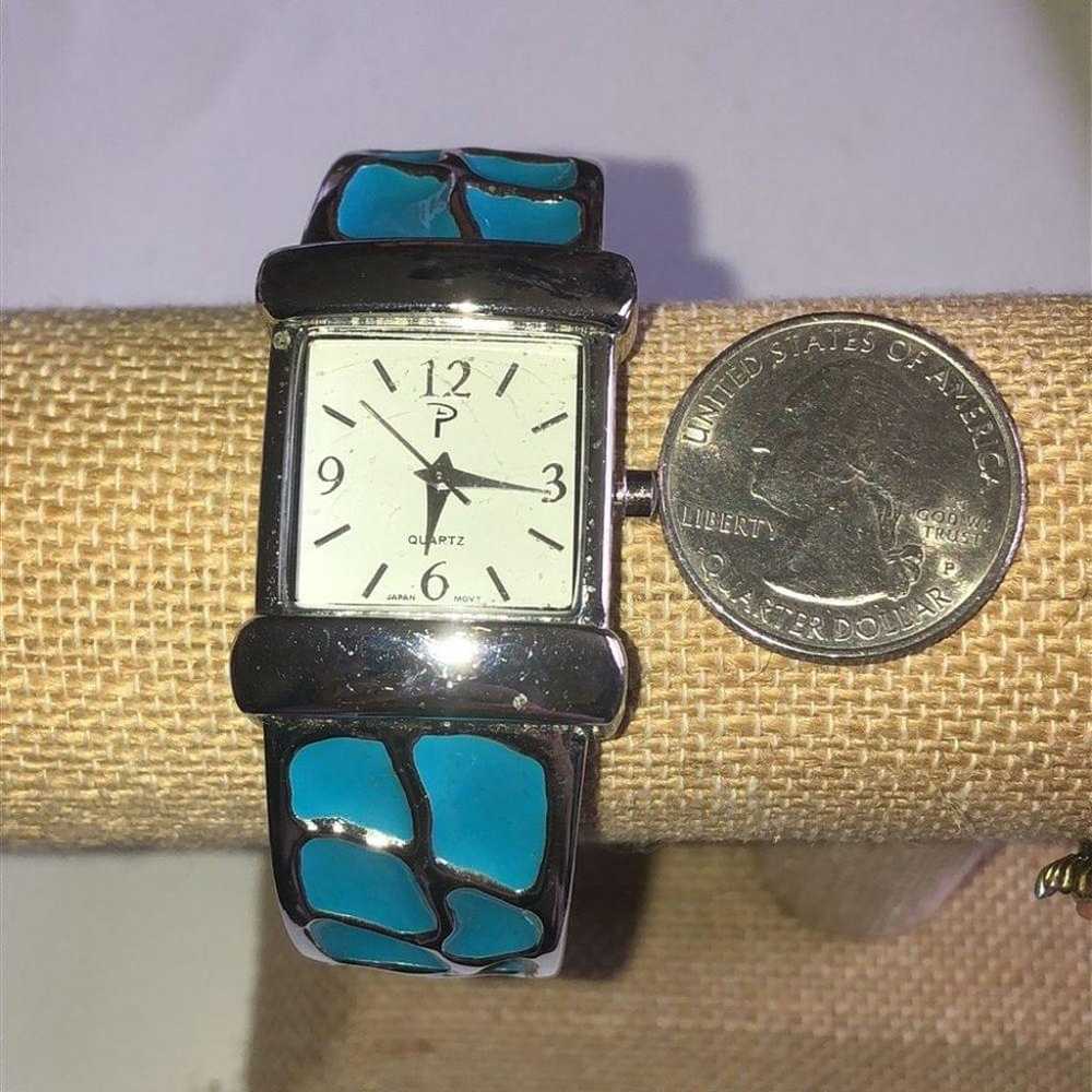 Vintage Blue Enamel & Silver Tone Boho Cuff Watch… - image 7