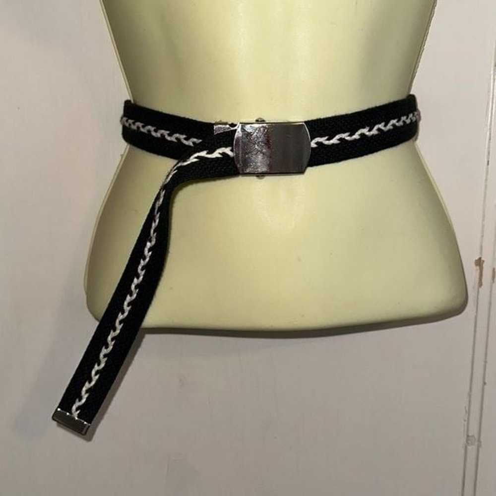 Black & white canvas belt with silver military st… - image 1