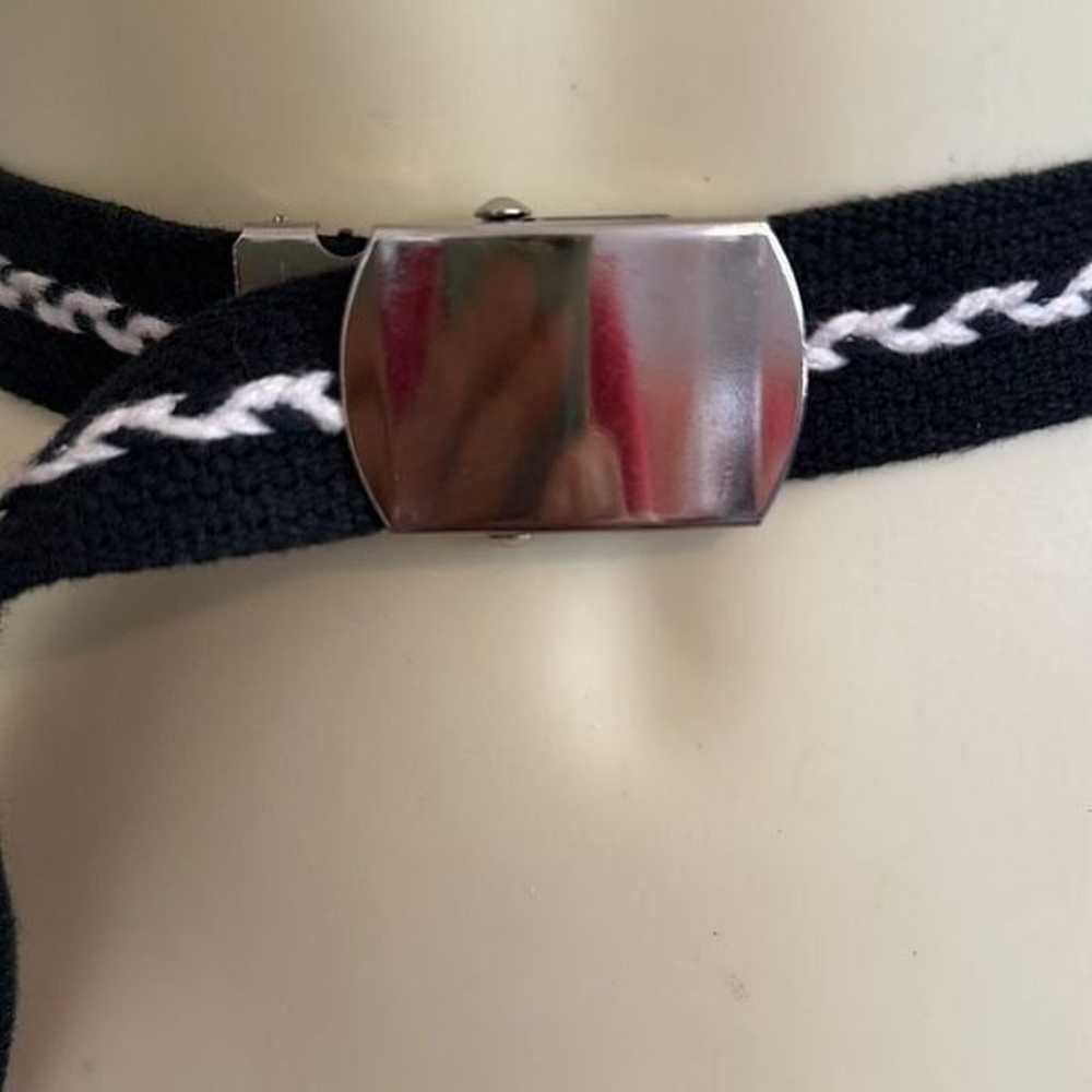 Black & white canvas belt with silver military st… - image 2